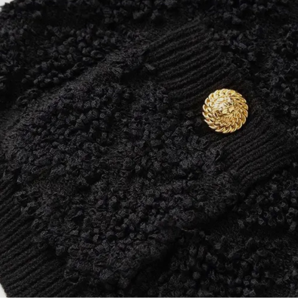 SWEATERS- Black Boucle Cardigan Sweater With Gold Buttons - Picture 6 of 8